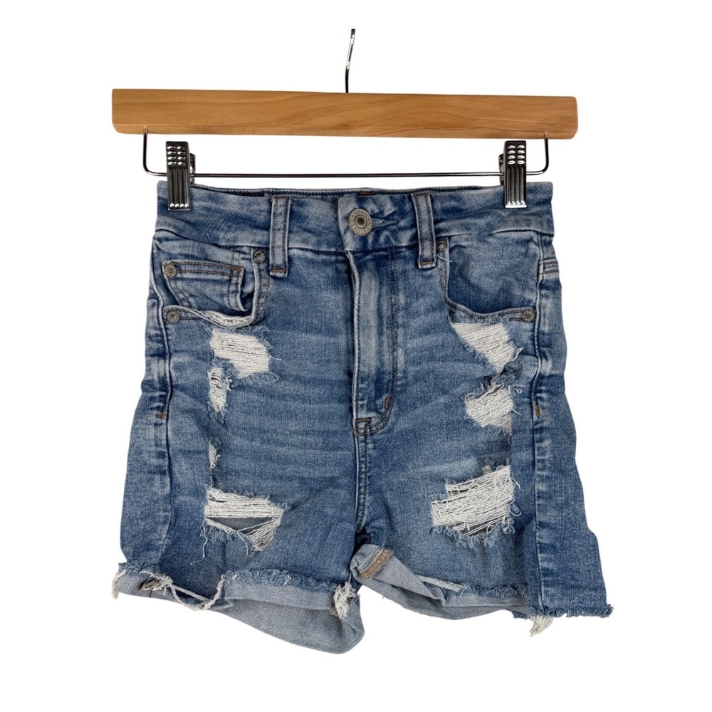 American Eagle Curvy Hi Rise Shortie Distressed Shorts size 0 Blue